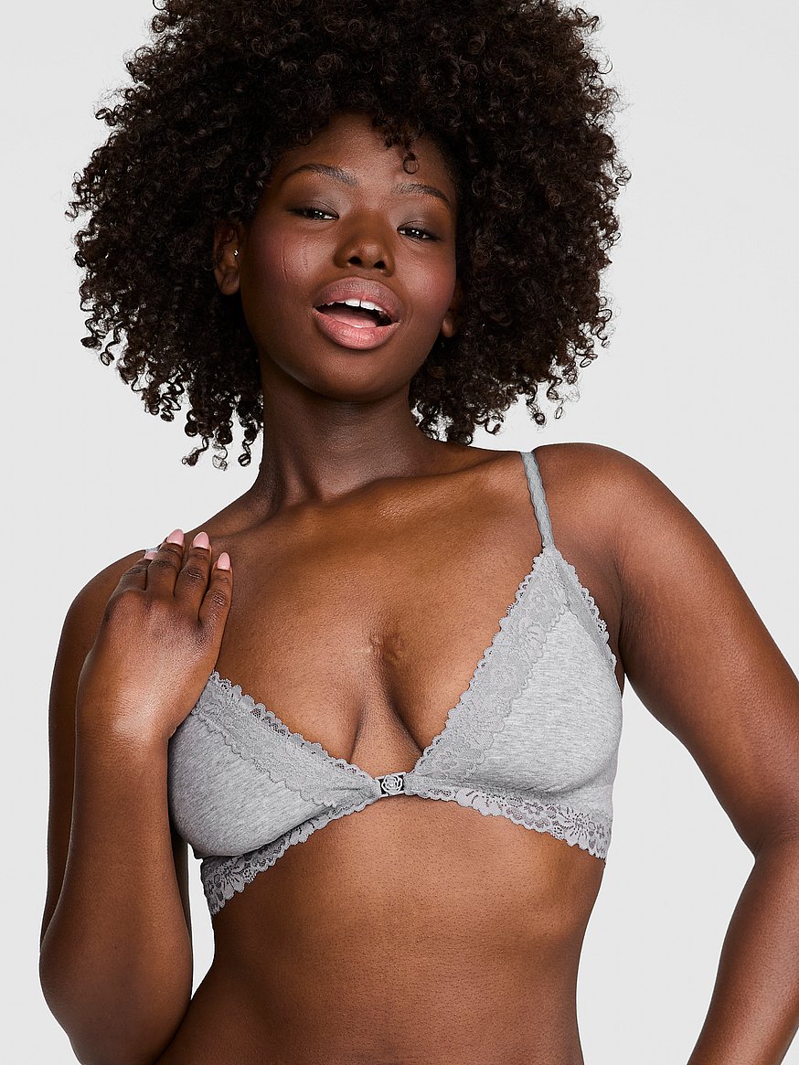 cotton unlined lace trim front close triangle bralette cotton unlined lace trim front close triangle bralette