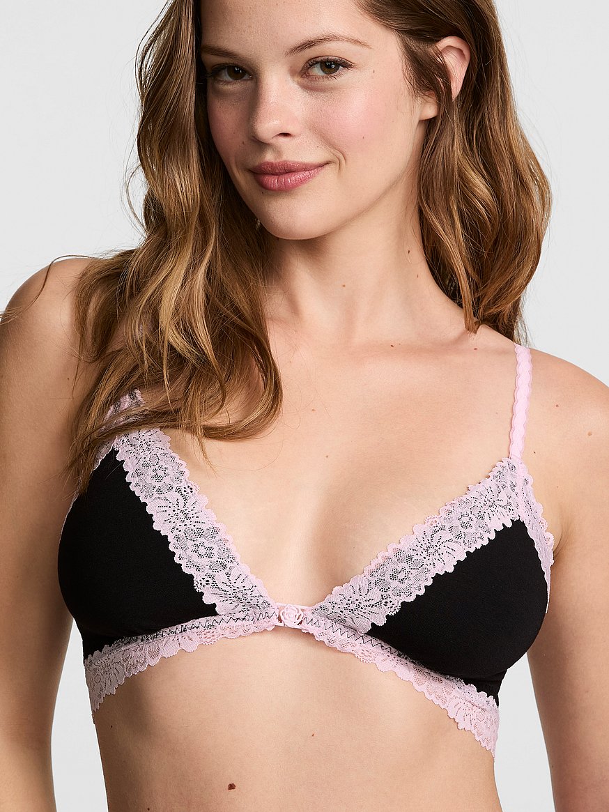 cotton unlined lace trim front close triangle bralette cotton unlined lace trim front close triangle bralette