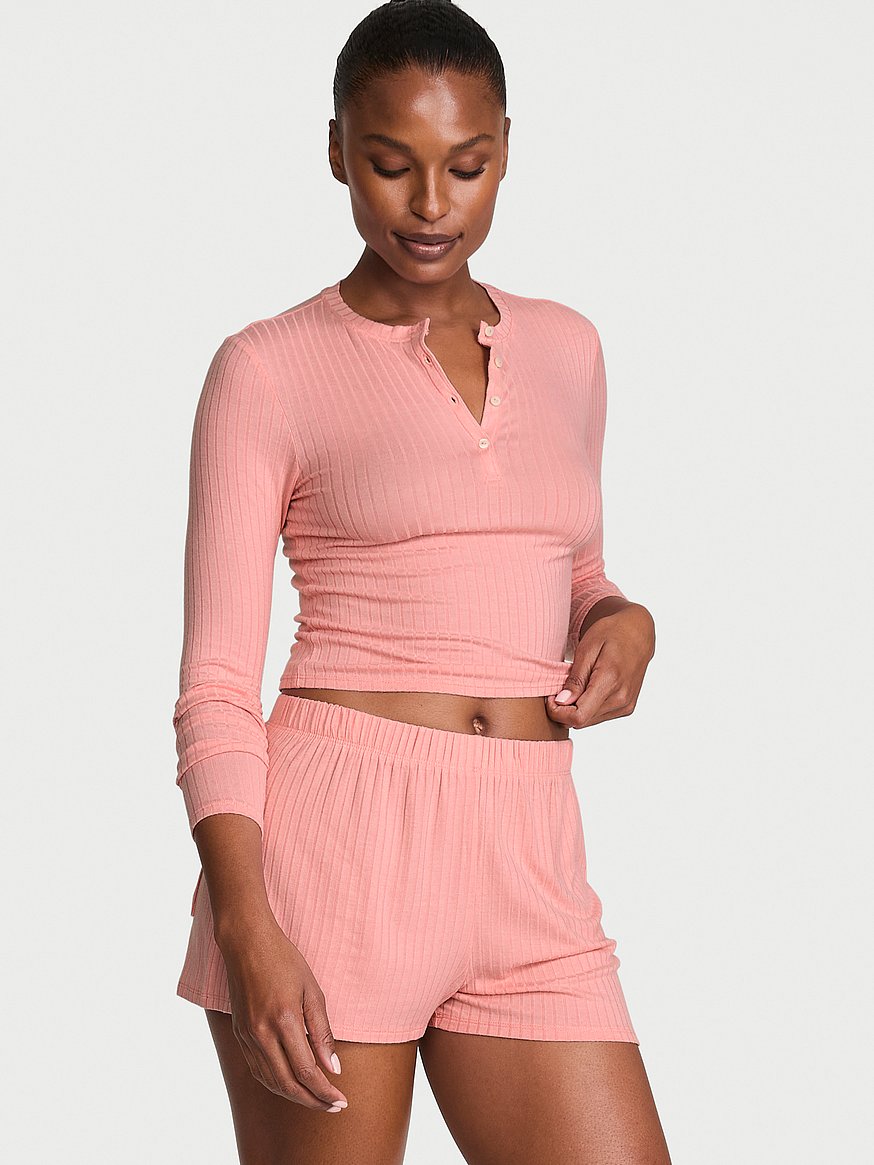 sosoft™ modal wide rib long sleeve henley & shorts set sosoft™ modal wide rib long sleeve henley & shorts set