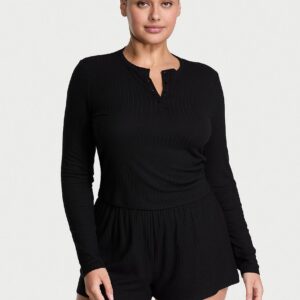 sosoft™ modal wide rib long sleeve henley & shorts set