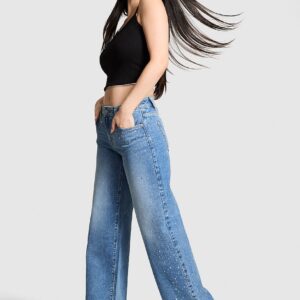 denim by pink mid rise baggy wide leg jeans