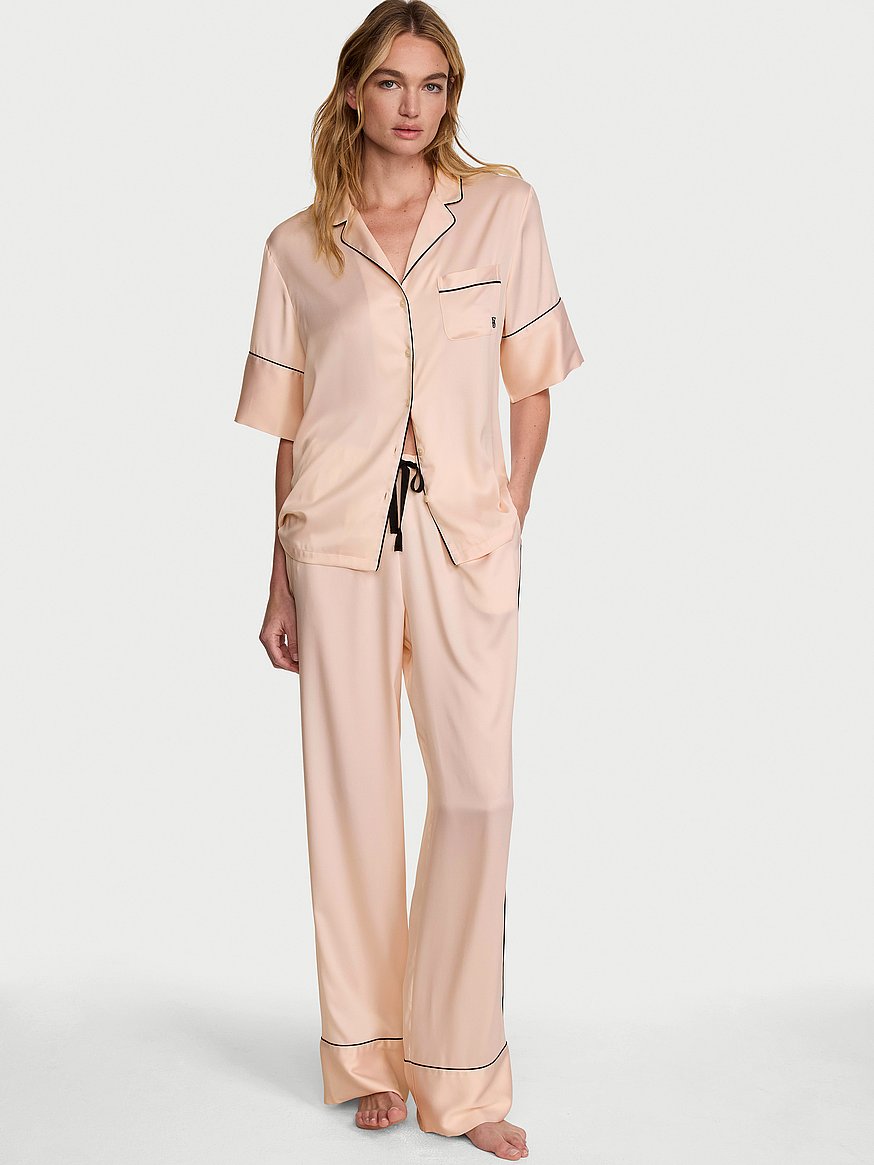 signature satin short sleeve long pajama set signature satin short sleeve long pajama set