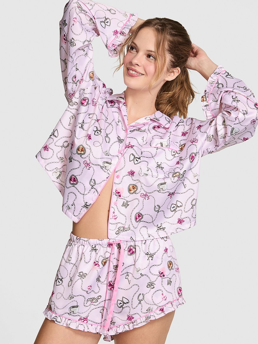 grwpink™ satin long sleeve and shorts pajama set grwpink™ satin long sleeve and shorts pajama set