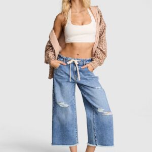 denim by pink mid rise baggy wide leg cropped jeans