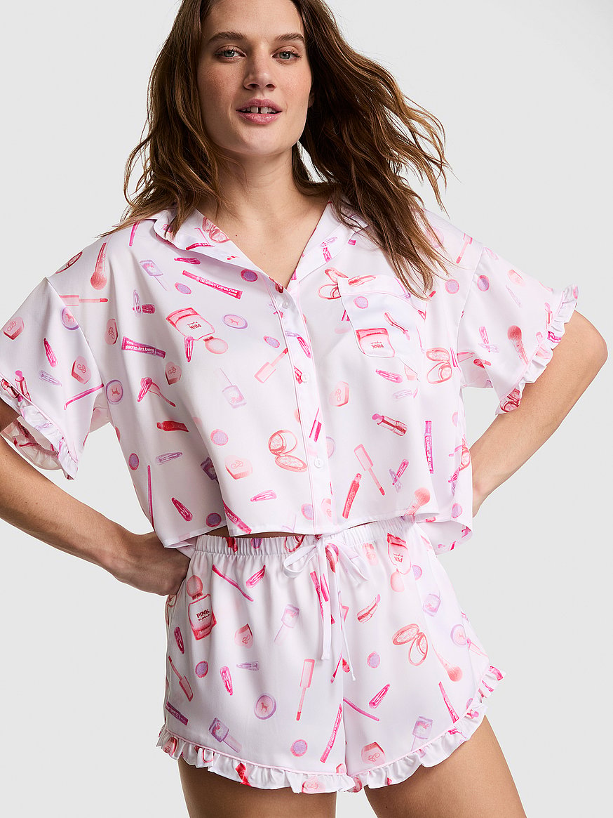 grwpink™ satin short sleeve and shorts pajama set grwpink™ satin short sleeve and shorts pajama set
