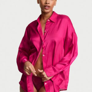 Home luxe sheer satin button front shirt