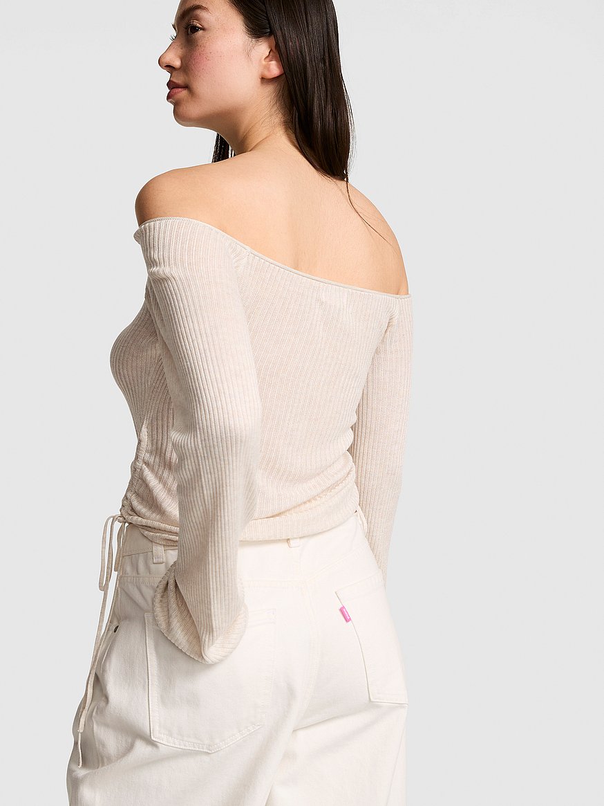 side ruched off the shoulder sweater side ruched off the shoulder sweater