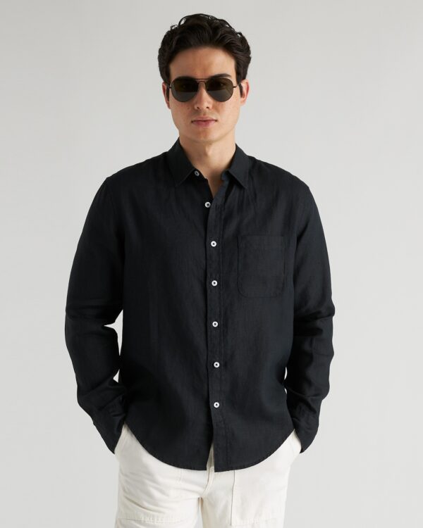 100% european linen relaxed long sleeve pocket shirt