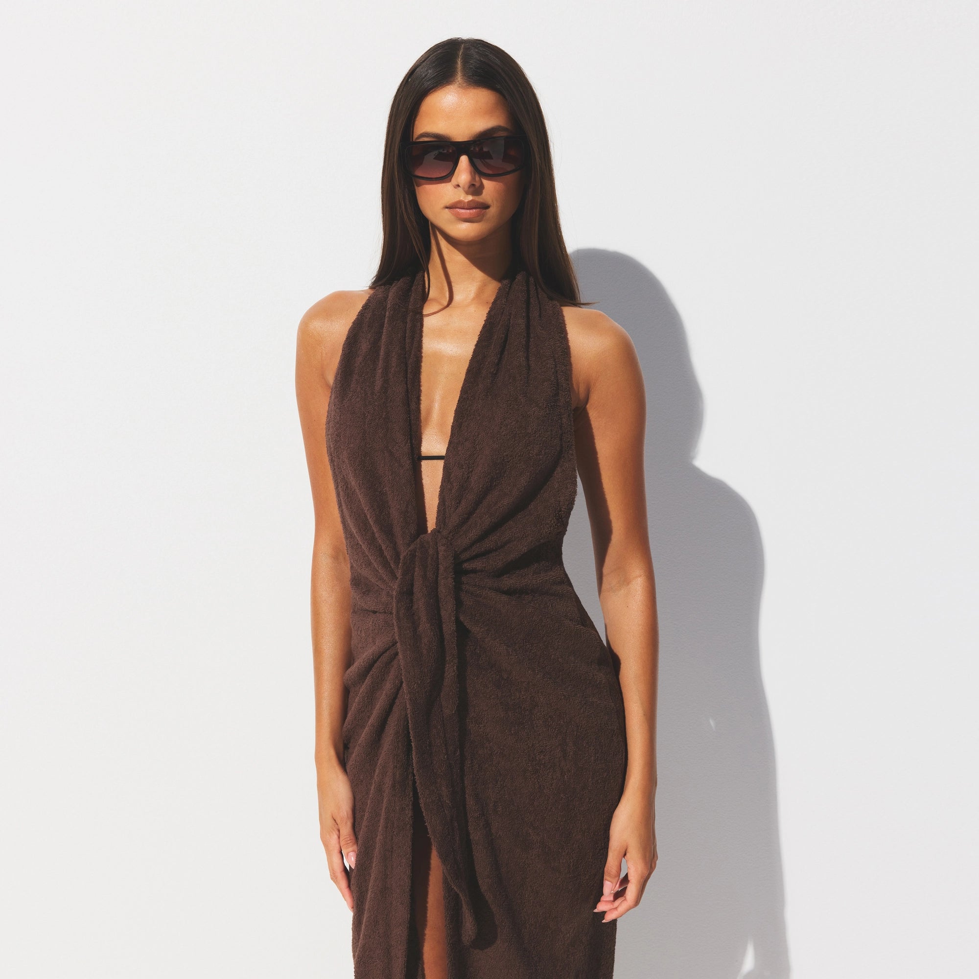 terry cover ups deep plunge halter wrap dress terry cover ups deep plunge halter wrap dress