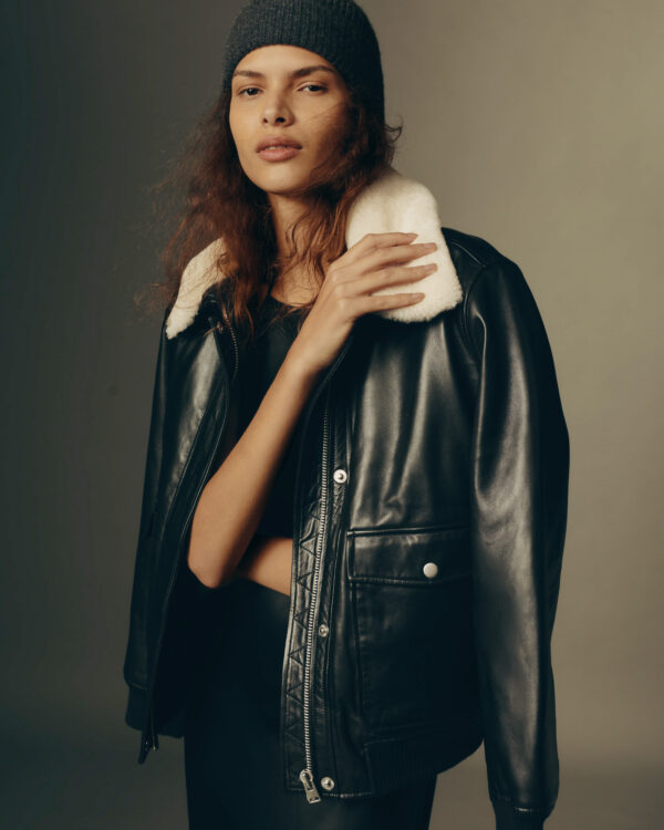 100% leather shearling trim aviator jacket