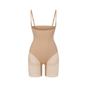 power mesh shapewear core sculpt open bust mid thigh bodysuit