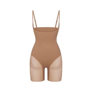 power mesh shapewear core sculpt open bust mid thigh bodysuit