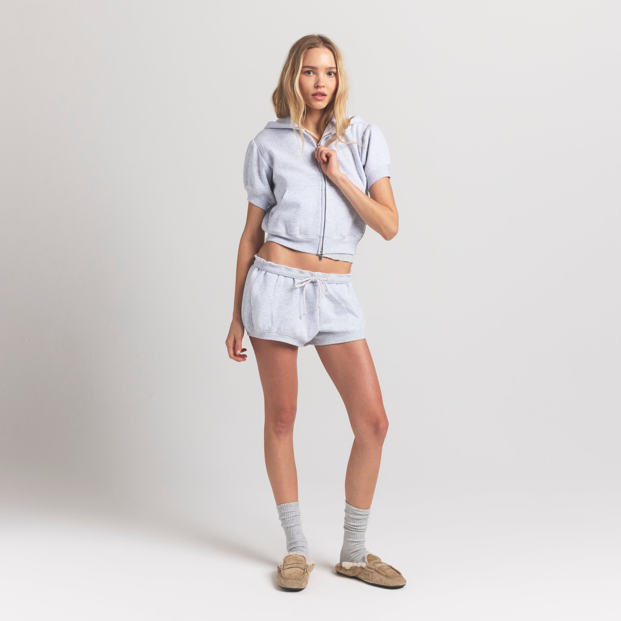 cotton fleece bubble sleeve cropped zip up cotton fleece bubble sleeve cropped zip up