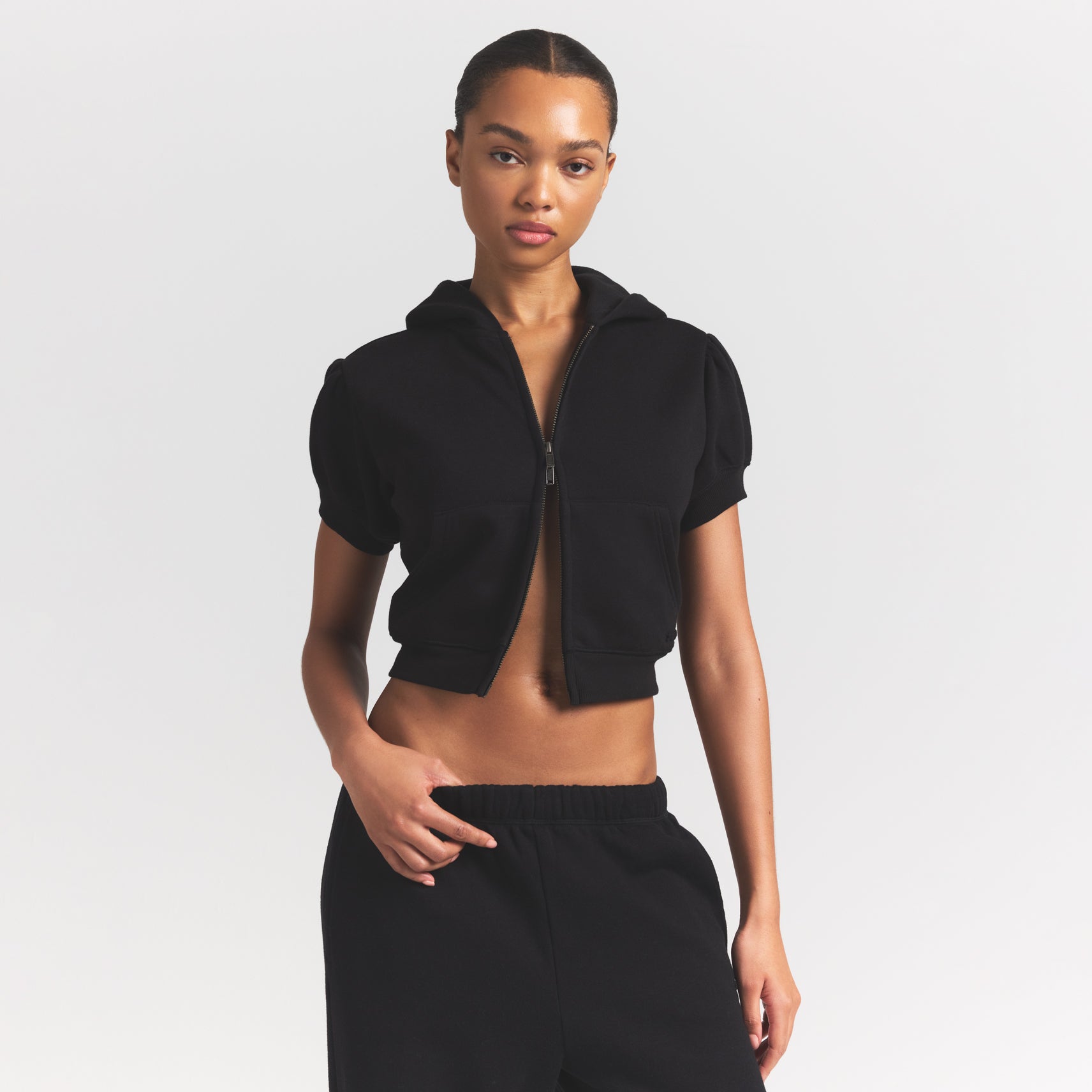 cotton fleece bubble sleeve cropped zip up cotton fleece bubble sleeve cropped zip up