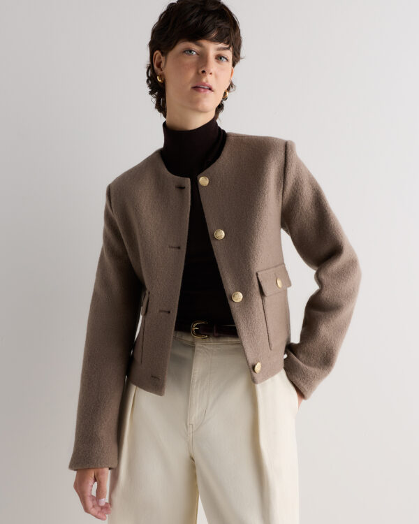 100% merino wool collarless cropped jacket