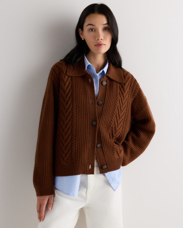 australian merino wool collared cable cardigan