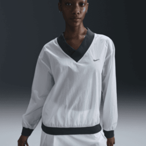 nike sportswear essential Женский свободный тканый топ с длинными рукавами и v образным вырезом, УФ излучением