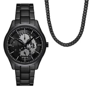 armani exchange quartz black dial men's watch and chain necklace set ax7160set