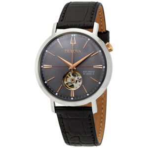 bulova classic automatic grey dial black leather men's watch 98a187