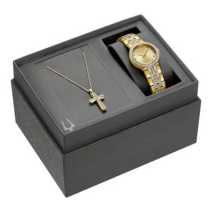bulova crystal collection quartz champagne dial ladies watch & cross gift set 98x133