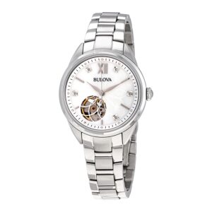 bulova automatic diamond silver dial stainless steel ladies watch 96p181