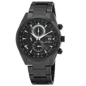Home citizen perpetual alarm world time chronograph gmt black dial men's watch at8265 81e