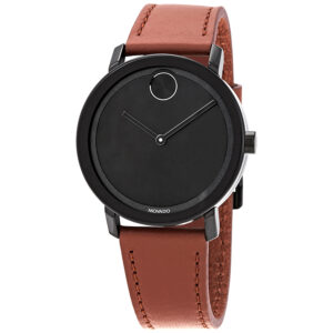 movado bold black sunray dial cognac leather men's watch 3600537