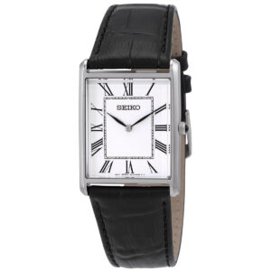 Home seiko essentials quartz white dial black leather men's watch swr049