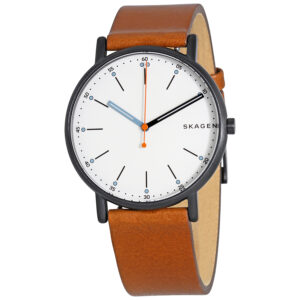 skagen signature diamond white dial brown leather men's watch skw6374
