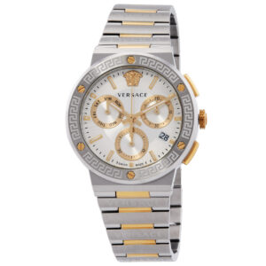 Витрина versace greca logo chronograph quartz silver dial men's watch vez900321