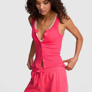 relaxed rib button down tank top