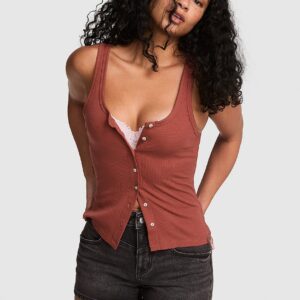 relaxed rib button down tank top