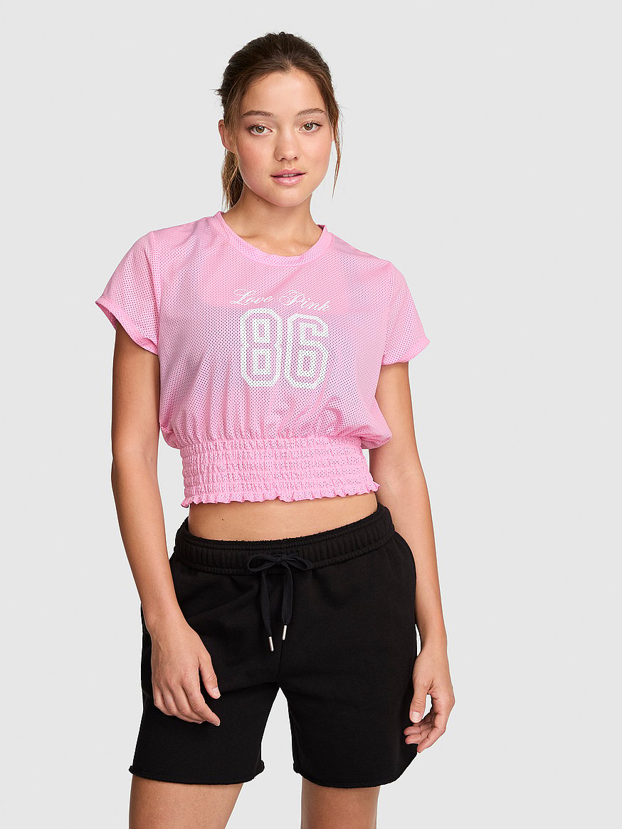 mesh smocked hem tee mesh smocked hem tee