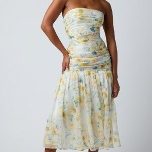reign ruched bodice midi dress