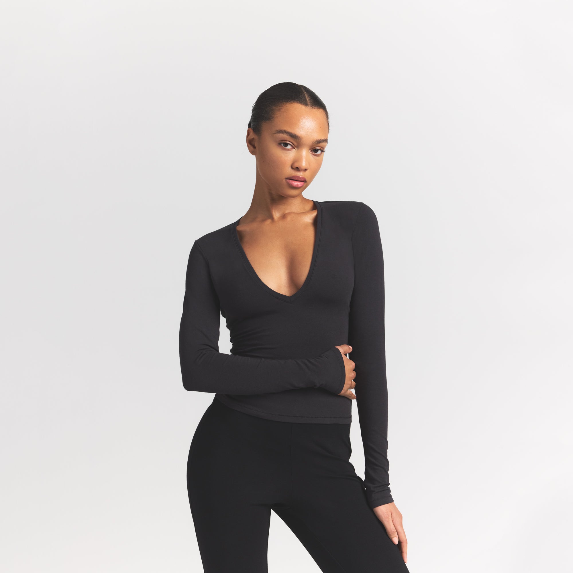 cotton jersey long sleeve plunge top cotton jersey long sleeve plunge top