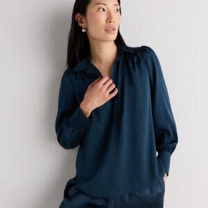 washable stretch silk split neck blouse