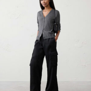 wide leg mid rise satin pull on cargo pant