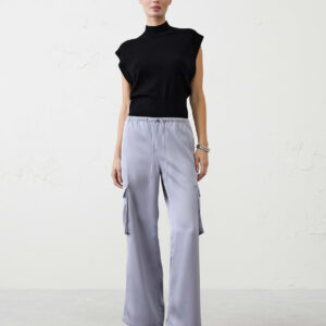 wide leg mid rise satin pull on cargo pant