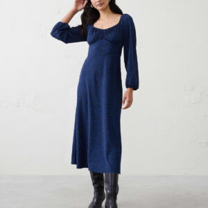 shirred bodice midi dress