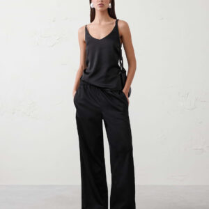 wide leg high rise crinkle satin pull on pant