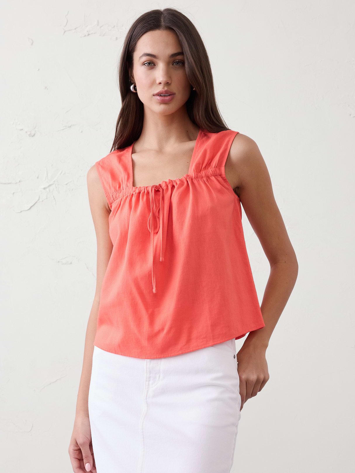 linen blend tied popover top linen blend tied popover top