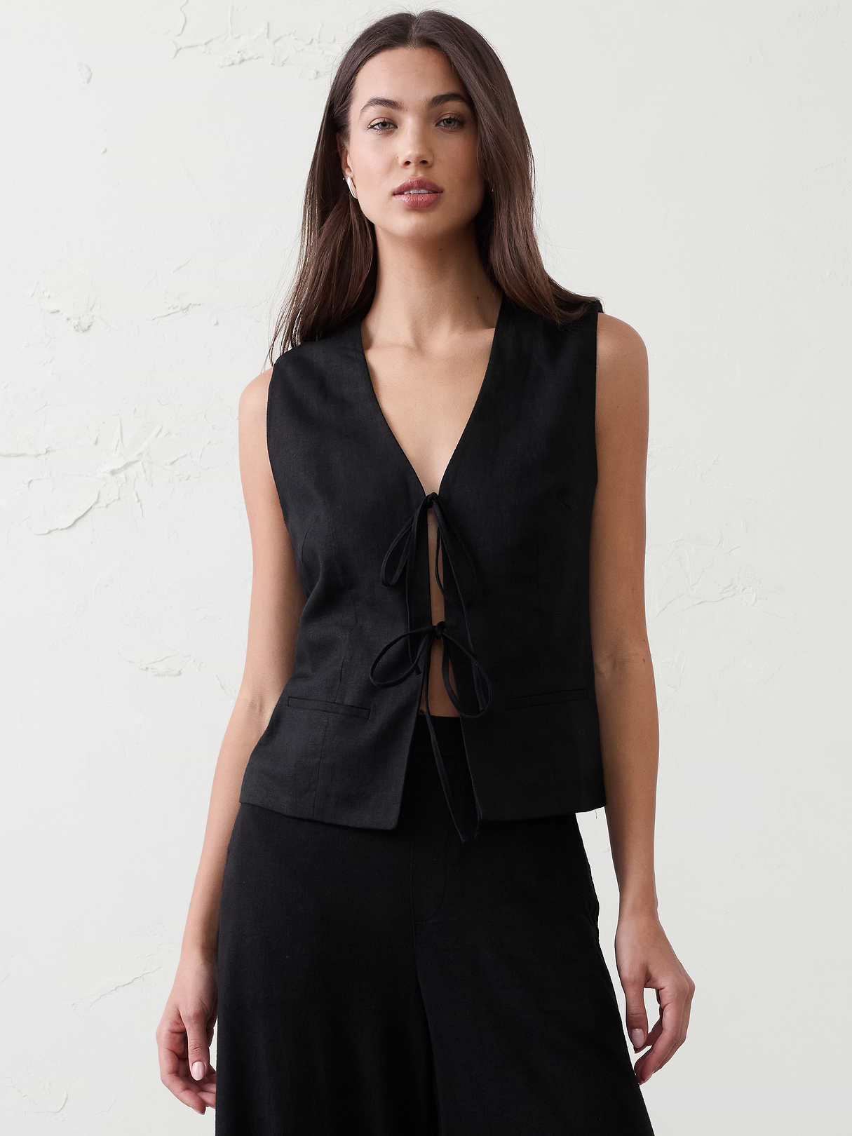 linen blend tie front vest linen blend tie front vest