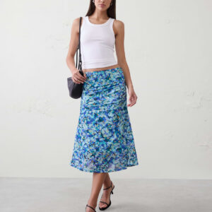 mesh shirred waist midi skirt