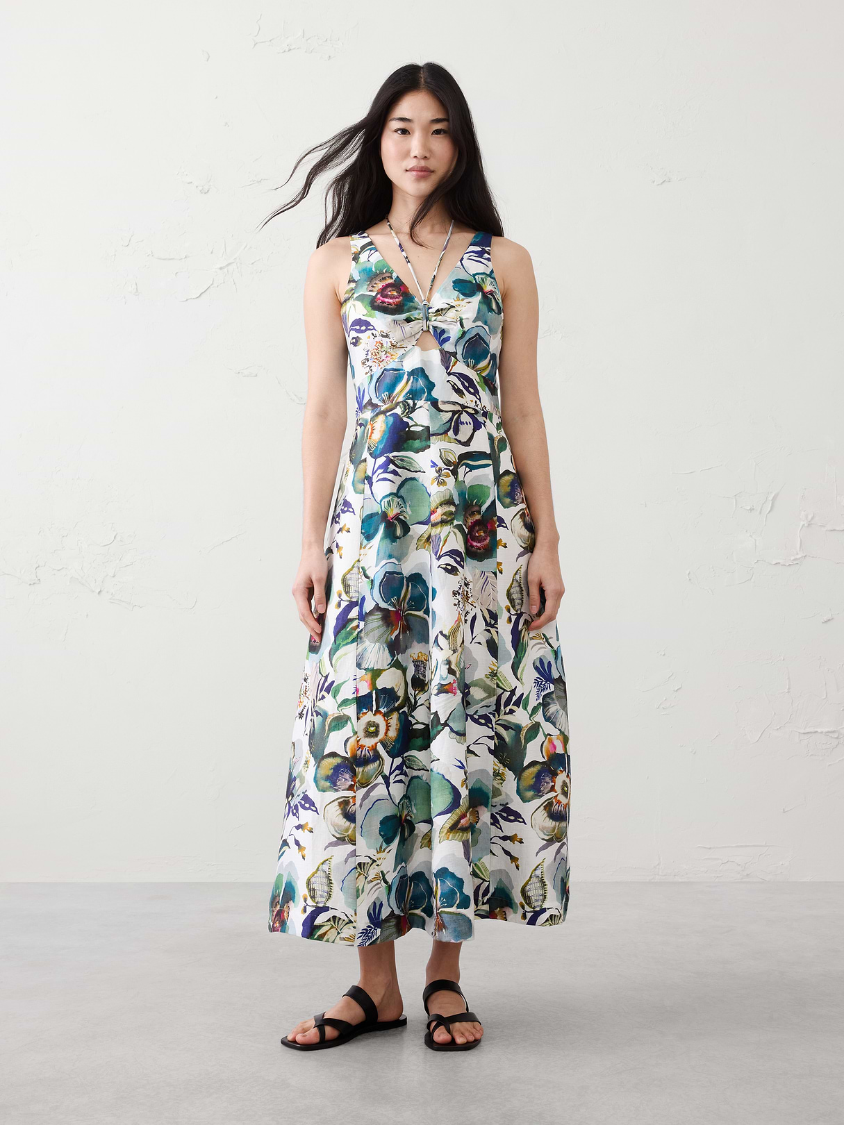 linen blend cutout tie front midi dress linen blend cutout tie front midi dress