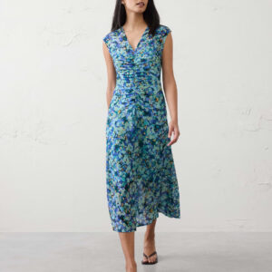mesh shirred waist long midi dress