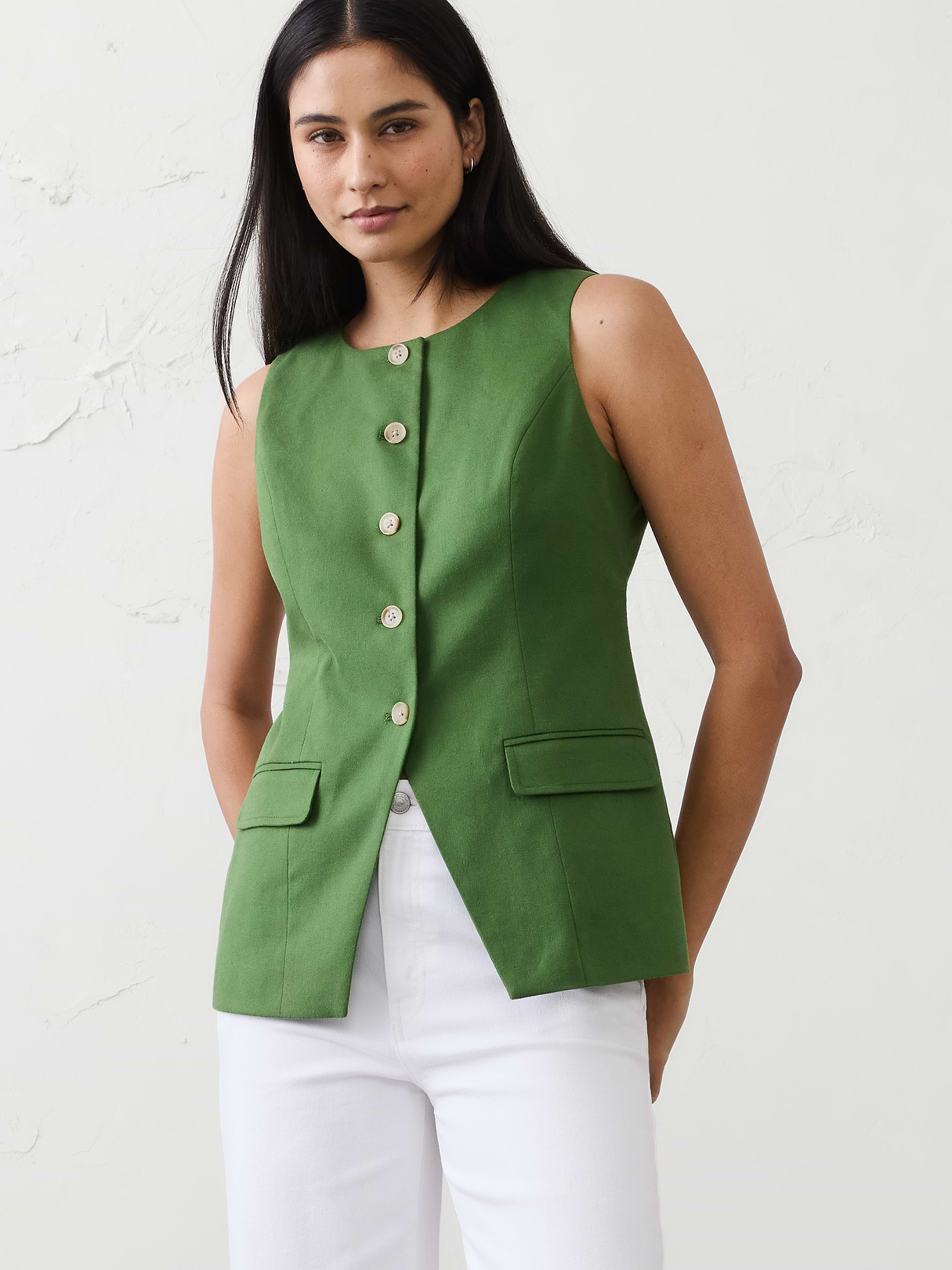 linen blend long cutaway vest linen blend long cutaway vest