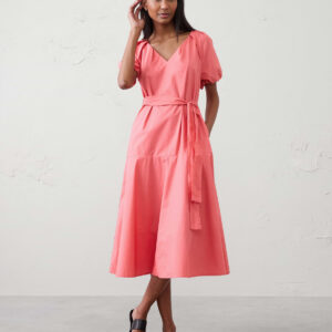 poplin gathered shoulder midi dress