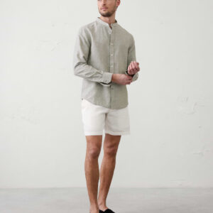 Home slim fit linen blend banded collar shirt