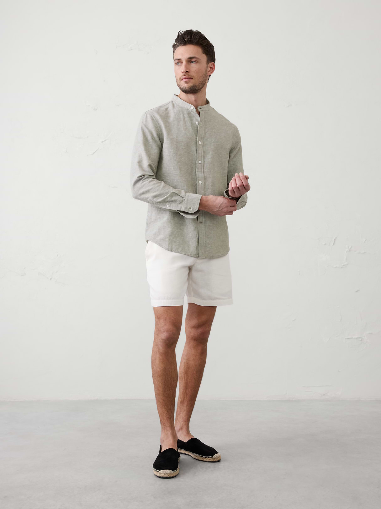 slim fit linen blend banded collar shirt slim fit linen blend banded collar shirt