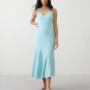 linen blend fray edges midi dress